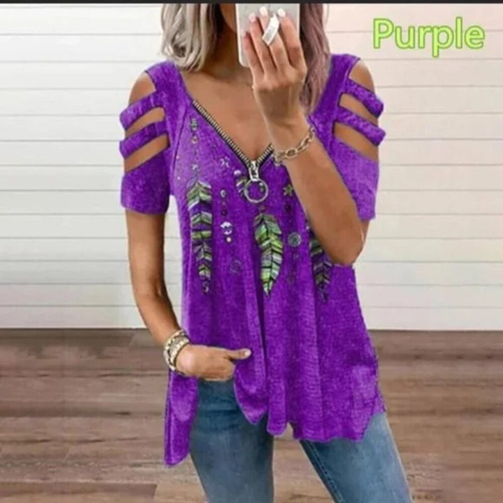 New Hollow-Out Shoulder Casual Blouse Shirt explosive Feather Print Top M L